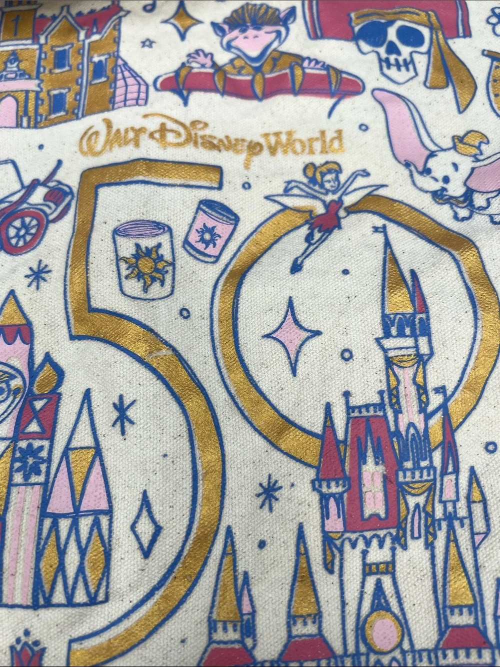 Starbucks Cream Magic Kingdom 50th Anniversary Tote with Pink and Blue Print